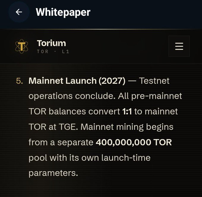 Screenshot of Torium's whitepaper detailing its 2027 Mainnet Launch roadmap, highlighting that pre-mainnet TOR balances will convert 1:1 at TGE and that mainnet mining will begin from a separate 400,000,000 TOR pool with its own launch-time parameters.