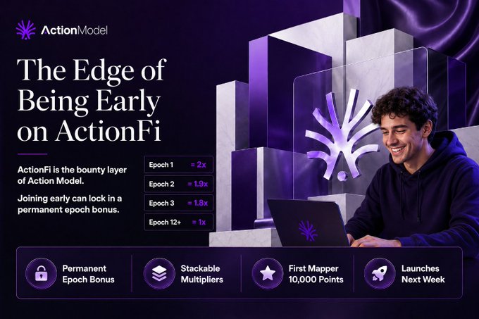 A promotional graphic for ActionFi by Action Model features a smiling young man working on a laptop, highlighting "The Edge of Being Early on ActionFi" with epoch multipliers ranging from 1.8x to 2x for early joiners, alongside benefits like a "Permanent Epoch Bonus" and "First Mapper 10,000 Points," reinforcing the post's message about the value of joining before launch.