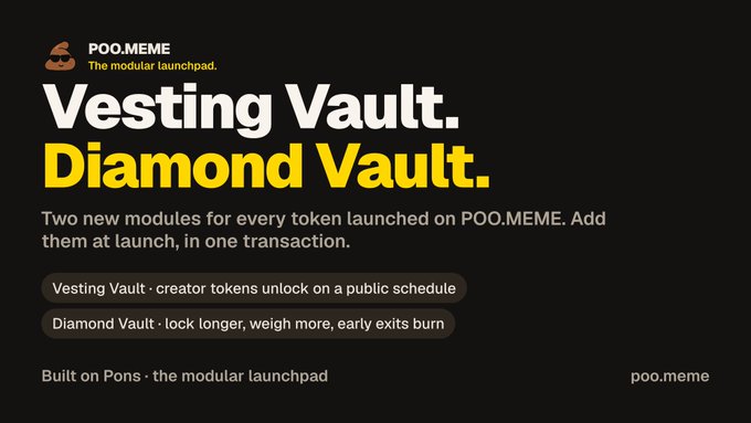 A promotional graphic for POO.MEME announces 'Vesting Vault' and 'Diamond Vault' as two new modules for tokens launched on the platform, built on Pons, the modular launchpad.