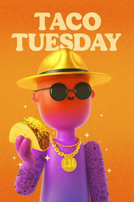 A vibrant 'TACO TUESDAY' poster featuring a 3D character wearing a yellow hat, round sunglasses, and a gold chain, holding a taco against an orange background.