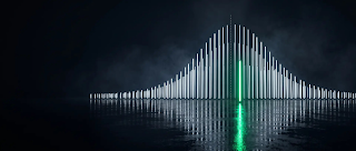 A dark scene shows a sound wave visualization with vertical bars reflected on a water-like surface, featuring a green highlight in the center column.