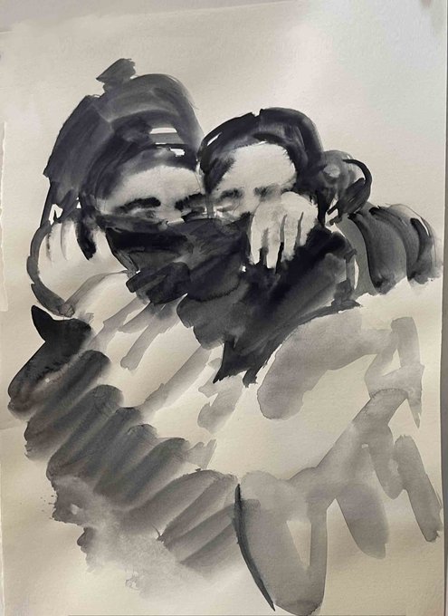 The image features a black and white watercolor painting that depicts two people embracing each other, with one person wearing a hat. The painting has a vintage feel due to its monochromatic color scheme. The artist's name is "@roygallery" in the corner of the image, indicating it might be a collection or series of artworks by this individual. The post also mentions that the artwork was created on September 1st and is titled "End of Absence".
