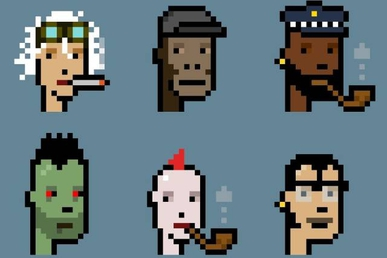 Six pixel-art CryptoPunk NFT avatars are displayed, including a wizard, ape, pipe-smoker, zombie, and others. The image relates to the post by showcasing examples of NFTs, highlighting a popular use case for digital collectibles.