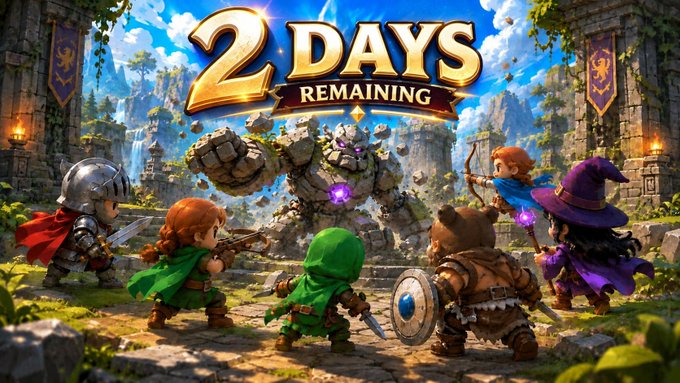 A fantasy game scene shows a knight, elf archer, green-clad warrior, dwarf, and witch facing a golem, with large golden text reading '2 DAYS REMAINING'.