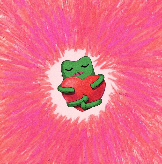 A child's drawing or textured artwork showing a small green character hugging a red heart against a pink and red radiating background.