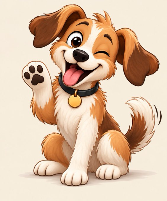 A cartoon illustration of a happy brown and white dog sitting and waving one paw, with a gold tag on its collar.