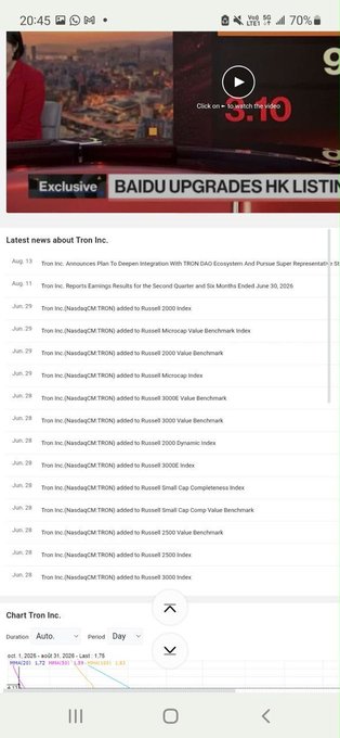 A smartphone screenshot displays a news website with a headline "BAIDU UPGRADES HK LISTING" and a list of "Latest news about Tron Inc." entries regarding Russell index additions, along with a Tron Inc. stock chart.