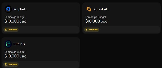 The image shows a screenshot of a campaign dashboard with three campaigns displayed, each having its own tab. The first tab displays "Campaign Budget", the second tab has an orange icon for "Campaign Budget", and the third tab features a green icon for "Campaign Budget". The text on the screen reads "Wallchain is back with Wallchain Select" and "The only thing I'm not fully convinced about is their AI pricing system. It's valuing 4 posts at just $96 for me."