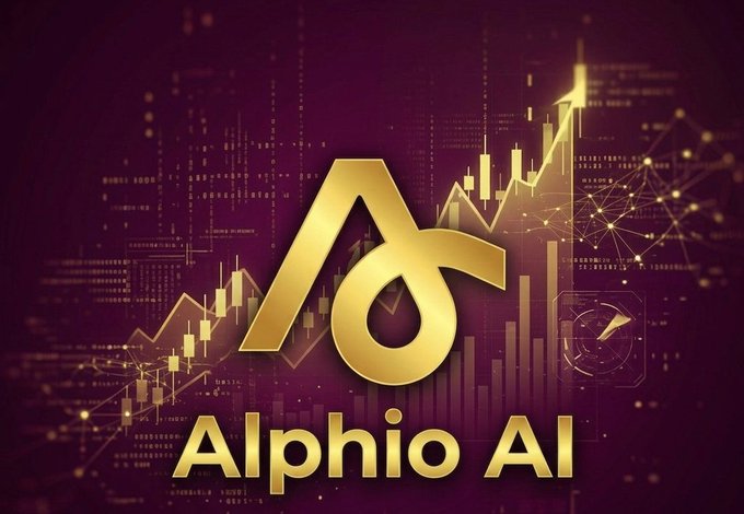 A gold-toned logo for 'Alphio AI' set against a dark burgundy background featuring financial charts, candlesticks, and an upward-trending arrow.