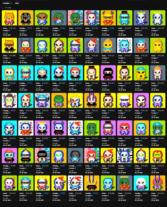 A digital marketplace displaying a grid of pixel art NFT characters with various prices listed below each, including pixel-style figures on colorful backgrounds.