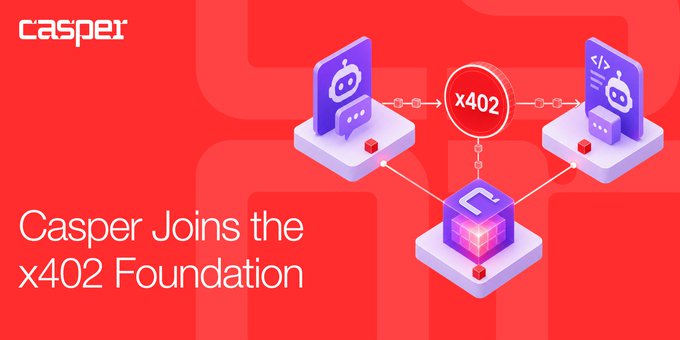 The image features a red background with three cubes stacked vertically against each other. Each cube has a different color - purple, blue, and pink. The text "Casper Joins the x402 Foundation" is written above the cubes, indicating that Casper has joined the x402 Foundation. The post also mentions that Casper micropayments play an important role in enabling agentic commerce on-chain.
