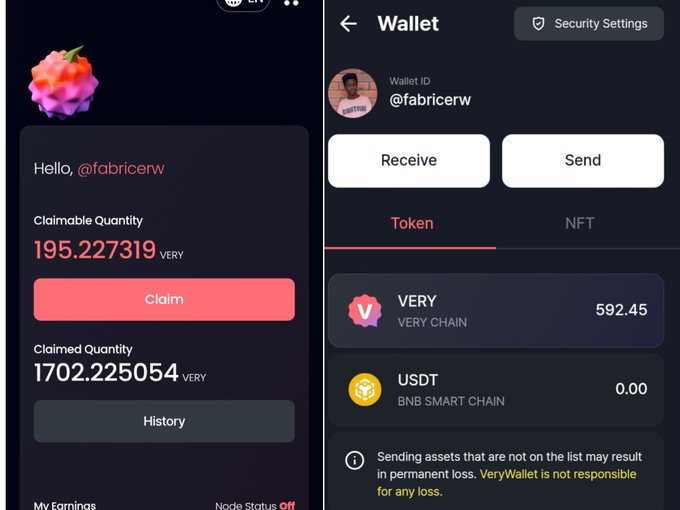 A screenshot of the VeryChain mobile wallet app showing a claimable quantity of 195.227319 VERY tokens (with a claimed quantity of 1702.225054), alongside a wallet view for user @fabricerw displaying a balance of 592.45 VERY and 0.00 USDT on BNB Smart Chain.