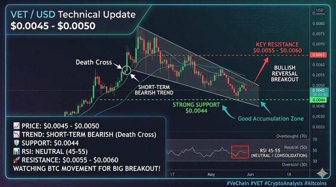 A technical analysis chart for VET/USD showing price action between $0.0045-$00.0050, highlighting a Death Cross indicating short-term bearish trend, strong support at $0.0044 (marked as a good accumulation zone), and key resistance at $0.0055-$0.0060 needed for a bullish reversal breakout, with RSI reading 45-55 (neutral).