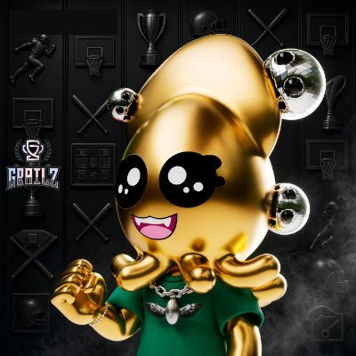 A 3D rendered character resembling a golden poop emoji with large eyes, wearing a green shirt and a chain, posed against a black background with basketball-themed icons and text 'GRAILZ'.