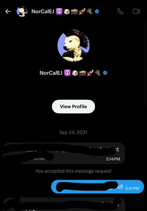 A screenshot of a direct message conversation on what appears to be Twitter with a user named NorCalEJ, showing a message request acceptance dated Sep 24, 2021.