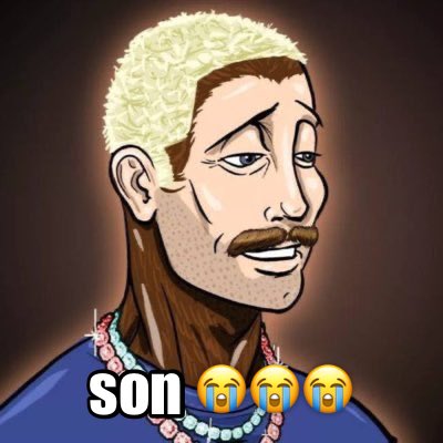 An illustrated cartoon man with a curly blonde fade haircut, mustache, and beaded necklaces smiles with the caption "son" accompanied by three crying-face emojis below him.