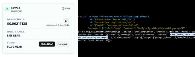 Split image showing a wallet interface on the left displaying 'Farmed' credits of 0.00217138 NEAR with a 5.56 NEAR wallet balance, and a dark terminal window on the right showing a curl command to cloud-api.near.ai.