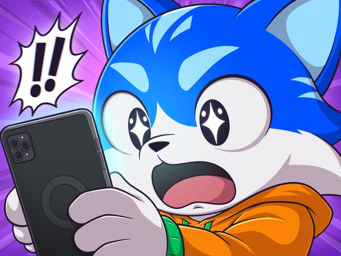 An illustrated cartoon character, a blue and white dog-like creature wearing an orange hoodie, holds a smartphone with a shocked expression and '!!' speech bubble.