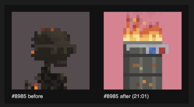 A side-by-side pixel art comparison showing a dark, shadowy figure labeled '#8985 before' and a burning building labeled '#8985 after (21:01)'.