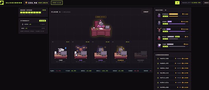 A screenshot of a pixel-art clicker game called 'CLICKIMOOD' showing gameplay with characters on couches, featuring sections for 'MOOD SPEED', 'STREAMER', and 'LEADERBOARD' with various stats and coin counts.