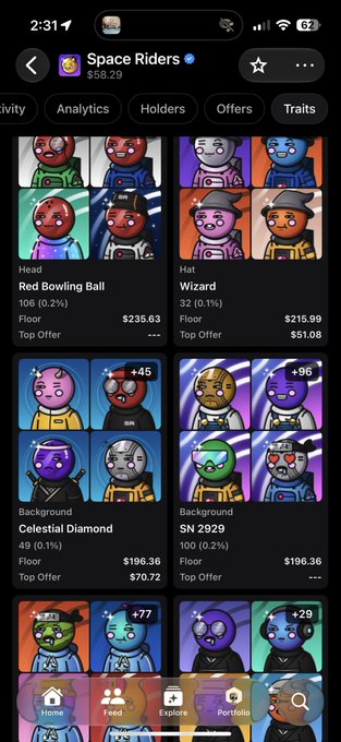 A mobile screenshot of a NFT marketplace showing a collection called 'Space Riders' with character avatars like 'Red Bowling Ball', 'Wizard', 'Celestial Diamond', and 'SN 2929' priced in Solana (Floor $235.63, $215.09, $196.36, $196.36).