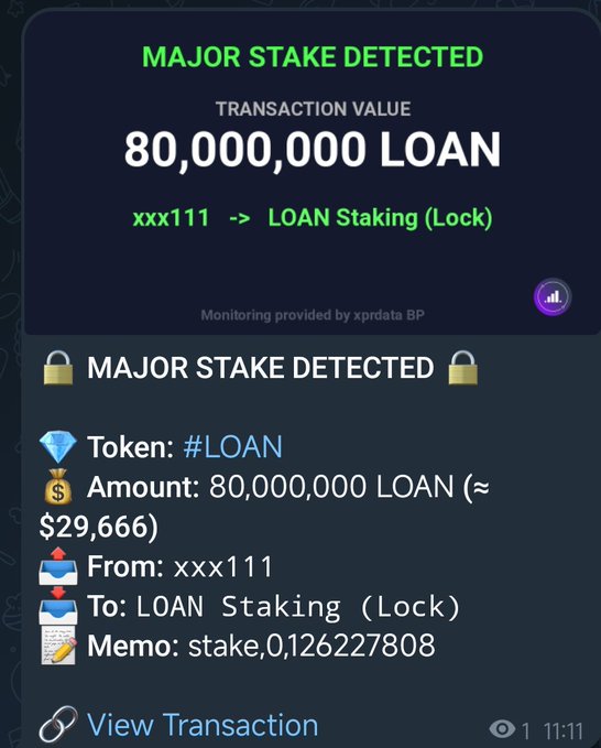The image shows a screenshot of a web page displaying a list of transaction values for various cryptocurrency transactions that have been detected by the XPRDATA whale watcher. Among these transactions, one stands out as an 8,000,000,000 Loan (Loan) stake in Bitcoin with a loan staking (Lock). This particular transaction has caught the attention of the users since it is the largest one observed in this list. The image also indicates that XPRDATA is monitoring these transaction activities closely and alerting users about any major moves happening in the cryptocurrency world.