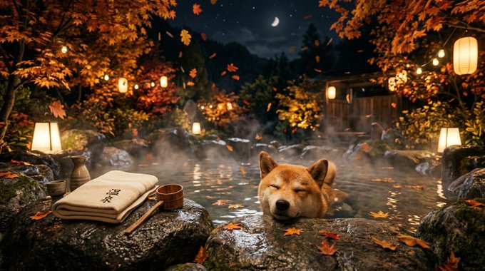 A Shiba Inu dog relaxes in a steaming outdoor onsen surrounded by autumn foliage, paper lanterns, and traditional spa accessories under a moonlit sky.