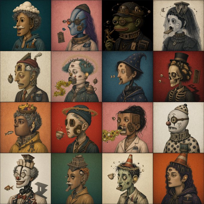 A grid of 16 illustrated portraits featuring various quirky, surreal character designs with exaggerated features, including clowns, robots, and mystical figures in different costumes.