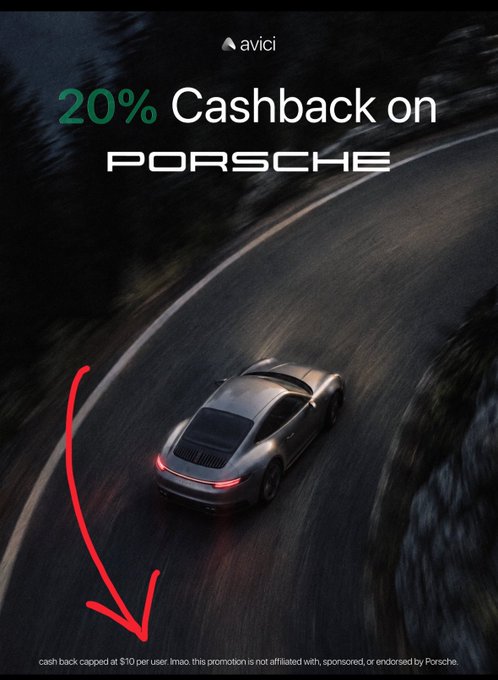 An Avicii advertisement offering 20% cashback on Porsche, with a red arrow pointing to fine print noting the offer is capped at $10 per user and not affiliated with Porsche.