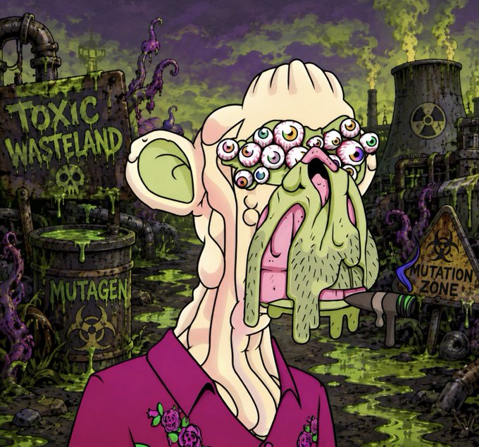 A cartoon illustration of a grotesque green multi-eyed monster character in a pink floral shirt against a polluted 'TOXIC WASTELAND' and 'MUTATION ZONE' background.