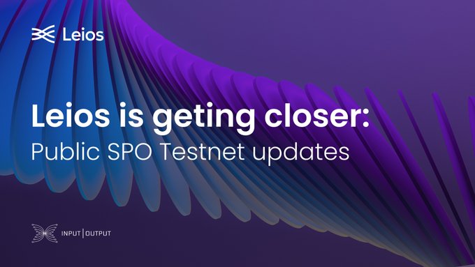 The image features a graphic of a curved blue line that stretches across the top half of the frame, with the text "Leios is getting closer." Below this, there's a brief description of a new public SPO testnet update. The title of the update is "Public SPO Testnet Updates" and provides details about its progress in terms of funding approval by the Cardano community (88% support) and the size reduction of Leios block certificates from 8kB to 200 bytes, as indicated by the first line that states "CIP-0164 update reduced Leios block certificates from ~8 kB to ~~200 bits". The background is a blend of purple and gray.
