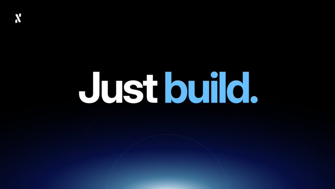 A dark gradient background with the text 'Just build.' in white and blue, with a small white logo in the top left corner.