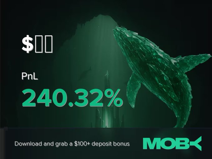 A Moby Mobile promotional graphic featuring a whale underwater next to the text "$00 PnL 240.32%" and "Download and grab a $100+ deposit bonus." The image highlights a trader's impressive +240.32% gain on the "熊猫" token, tying the visual to Moby's Win Alert celebrating that whale-sized profit.