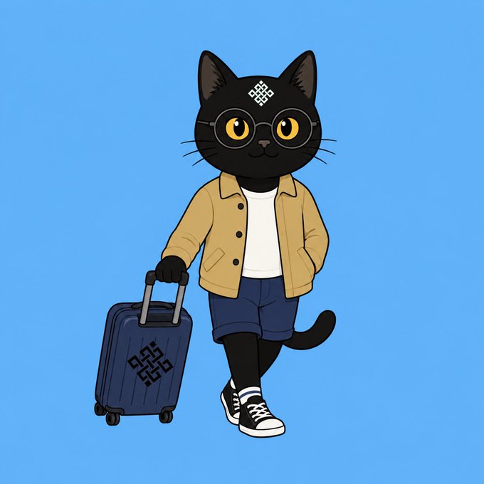 The image features a cartoon cat wearing glasses and carrying a suitcase while standing against a blue background. The caption of the image reads, "Happy weekend gritual!! Wherever the weekend is going, make sure the decentralized AI ecosystem remains at the forefront." This message emphasizes the importance of staying connected to the decentralized AI ecosystem during weekends or any other time when people are not working on their projects.