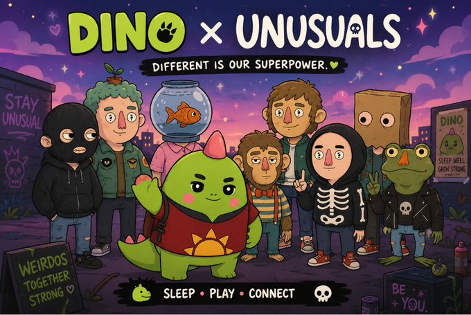 An illustration for 'DINO × UNUSUALS' featuring a diverse group of cartoon characters with the tagline 'Different is our superpower' and 'Sleep. Play. Connect.'