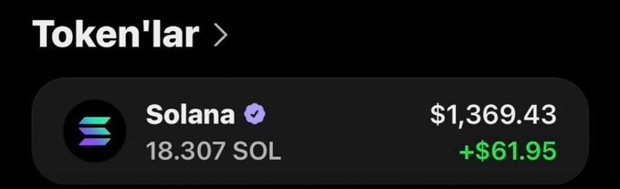A screenshot showing a crypto portfolio entry for "Solana" (SOL) displaying a balance of 18.307 SOL valued at $1,369.43 with a +$61.95 gain. The image appears to promote a "4 SOL Giveaway ($320)" on Twitter, though the listed SOL price shown (~$74.83 per SOL) is inconsistent with typical market rates, suggesting the giveaway post may be misleading or fabricated.