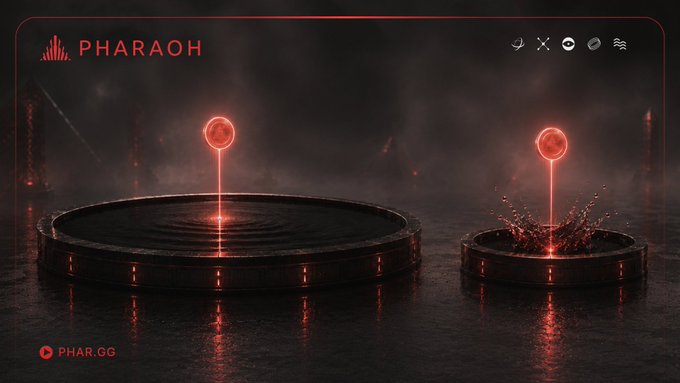 A dark red and black digital interface labeled "PHARAOH" shows two circular platforms with glowing red orbs rising from their centers amid a misty atmosphere.