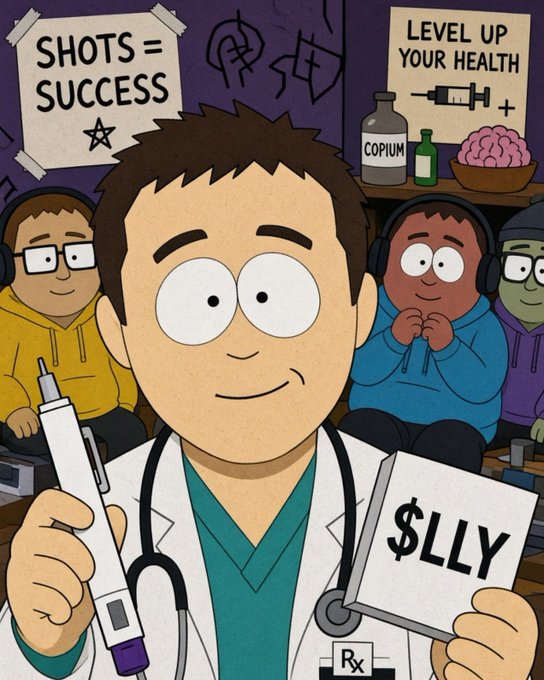 A cartoon-style illustration of a doctor holding a giant syringe and an '$LLY' sign, surrounded by other characters, with signs in the background reading 'SHOTS = SUCCESS' and 'LEVEL UP YOUR HEALTH.'