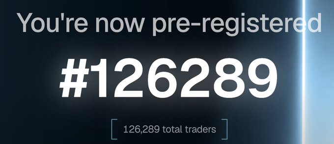 A pre-registration confirmation screen displaying '#126289' and indicating '126,289 total traders'.