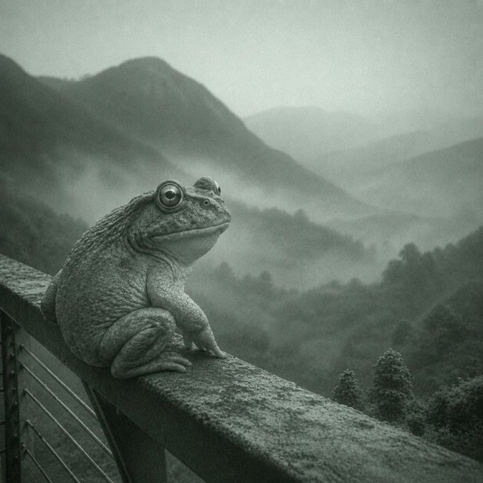 A warty toad sits perched on a stone railing, gazing out over a misty mountain valley in this moody monochrome image. The contemplative frog evokes the "patient toad" meme, suggesting the poster is calmly watching while meme coin $FRONG prepares to pump and humble its doubters, the "jeets."