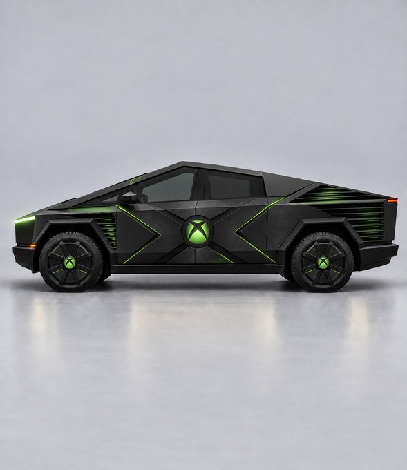 A futuristic cyberpunk-styled Tesla Cybertruck customized with Xbox branding, featuring a prominent green Xbox logo on the door and neon green accents.