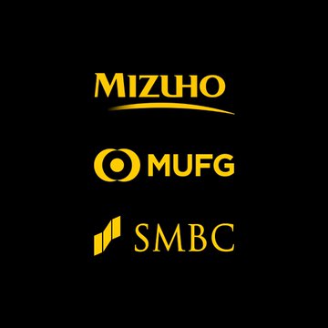 A black image displaying the yellow logos for three major Japanese financial institutions: Mizuho, MUFG, and SMBC.