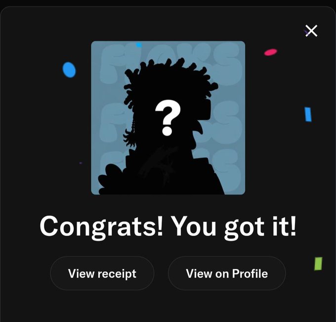 A digital collectible confirmation screen displays a silhouetted character with a question mark over its face, accompanied by the text "Congrats! You got it!" along with buttons to "View receipt" and "View on Profile." This confirms the user has just minted a @FloksRH NFT while awaiting the official reveal of the artwork.