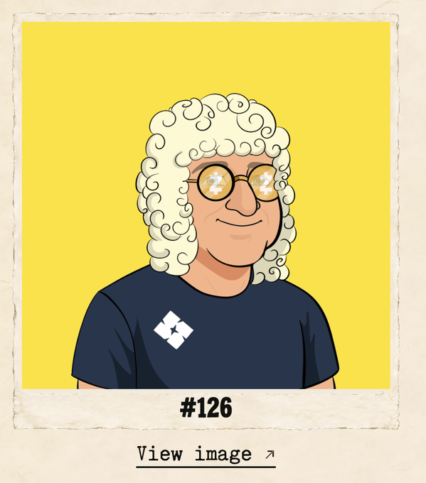 A cartoon-style portrait of a man with white curly hair wearing glasses with "Z" letters on the lenses, labeled "#126".