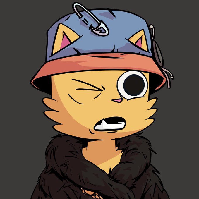 A digital illustration of an orange cat character wearing a blue fish-themed hat with cat ears and a dark fur-collared jacket, with one eye closed in a wink.