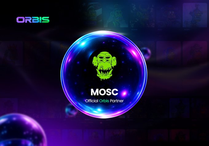 A promotional graphic featuring a glowing purple and blue sphere containing a green monster face logo with the text 'MOSC - Official Orbis Partner' and 'ORBIS' branding at the top.