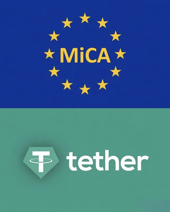 The image is split horizontally, with the top half showing the EU flag's circle of yellow stars on a blue background with "MiCA" written in yellow, and the bottom half displaying the green Tether logo and "tether" text in white. The graphic visually reinforces the post's message about Tether (USDT) being effectively cut off from licensed European exchanges under the EU's MiCA regulations.