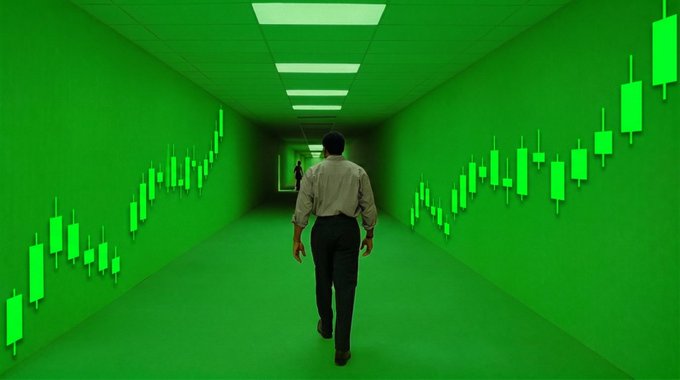 A man in business attire walks down a green-lit hallway lined with rising bullish candlestick charts, symbolizing a journey through the stock market as the caption "Let's see who the market rewards today" hints at unpredictable trading outcomes awaiting traders.