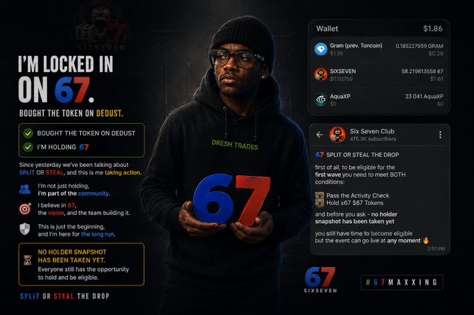 A man in a beanie and glasses holds a "67" sign, promoting the SIXSEVEN token (ticker "67") purchased via Dedust, with a wallet showing 58,219,613,556.67 tokens, an article referencing the "Split or Steal Drop" event, and bold text declaring "I'M LOCKED IN ON 67."