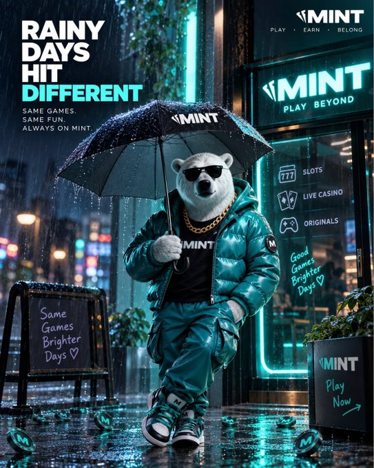 An advertisement for MINT featuring a polar bear wearing sunglasses and a teal puffer jacket holding a branded umbrella, with text 'RAINY DAYS HIT DIFFERENT,' 'PLAY · EARN · BELONG,' and 'MINT PLAY BEYOND.'